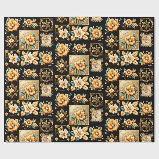 ブラックエレガントのクリスマスのコラージュ金ゴールド ラッピングペーパー (フラット)