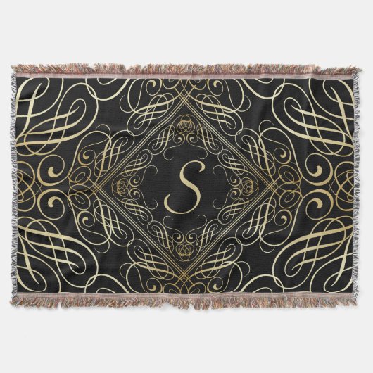 ブラックエレガントのゴールドフォイルのスクロール作業スクリプト スローブランケット (正面)