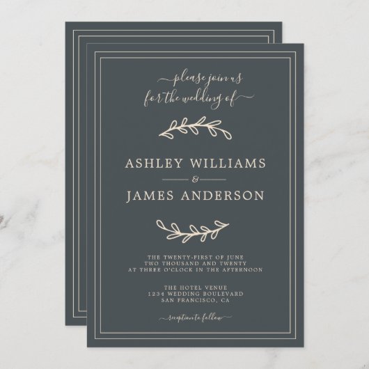 ブラックエレガントアイボリー結婚式招待状 招待状 (正面/裏面)