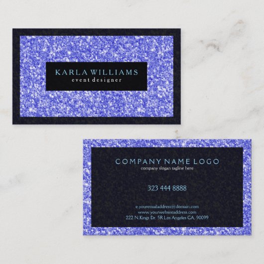 ブラックエレガントアクセント付きブルーフェイクグリッター 名刺 (正面/裏面)