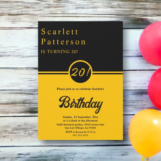 ブラックエレガントアンド金ゴールドトレンディーシック20th誕生日 招待状
