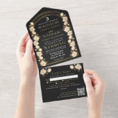 ブラックエレガントアーチアートヌーボーQRコードウェディング オールインワン招待状 (貼ってはがせる)