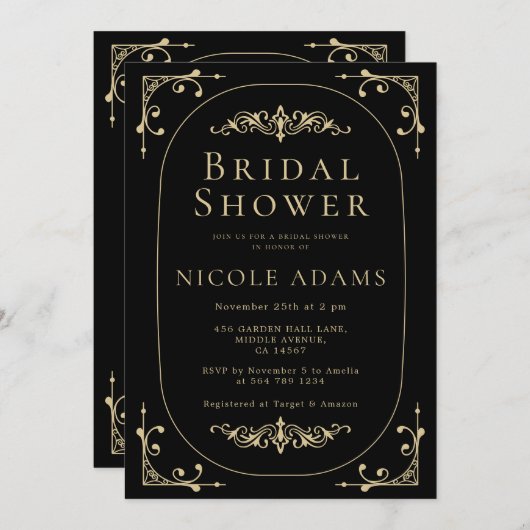 ブラックエレガントアールデコ金ゴールドレトロブライダルシャワー 招待状 (正面/裏面)