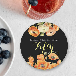 ブラックエレガントオレンジフローラ50th誕生日パーティー ラウンドペーパーコースター