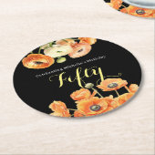 ブラックエレガントオレンジフローラ50th誕生日パーティー ラウンドペーパーコースター (アングル)