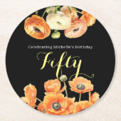 ブラックエレガントオレンジフローラ50th誕生日パーティー ラウンドペーパーコースター (正面)