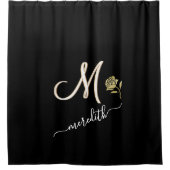 ブラックエレガントカスタムモノグラム名バラ シャワーカーテン (正面)