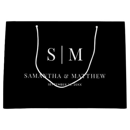 ブラックエレガントカップルイニシャルのサ結婚スポンサ ラージペーパーバッグ (正面)