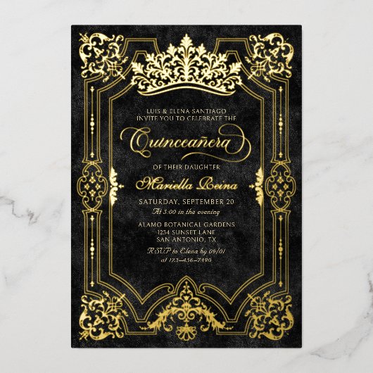 ブラックエレガントクラウンティアラキンセアニェラ 箔招待状 (正面)