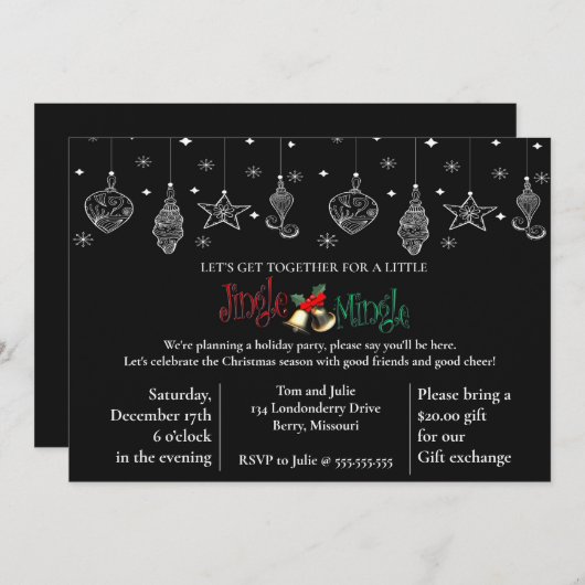 ブラックエレガントクリスマスデザイン 招待状 (正面/裏面)