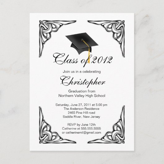 ブラックエレガントグラードキャップ卒業パーティー招待状 インビテーションポストカード (正面)