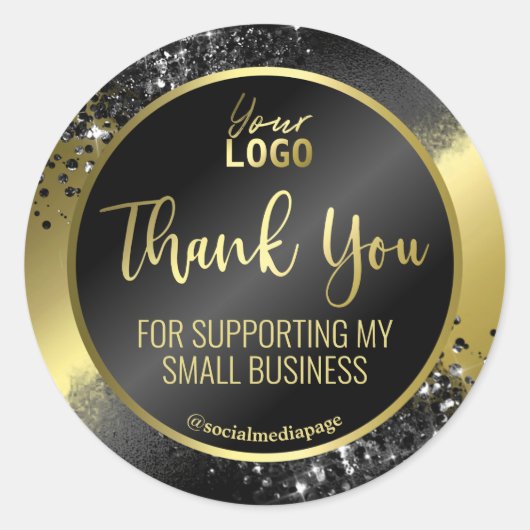 ブラックエレガントグリッターオンゴールドフォイルありがとうロゴ ラウンドシール (正面)