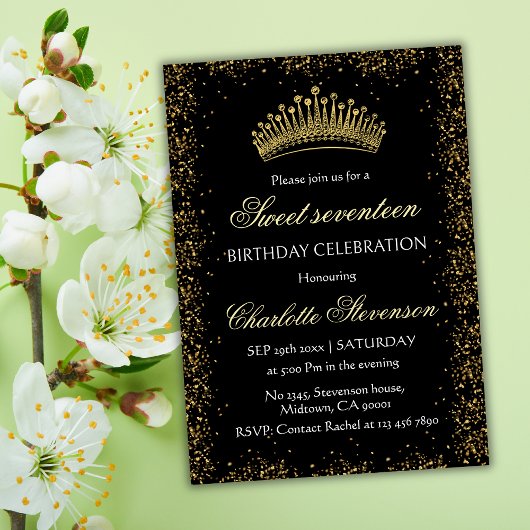 ブラックエレガントグリッター金ゴールドクラウンスウィート17誕生日 招待状