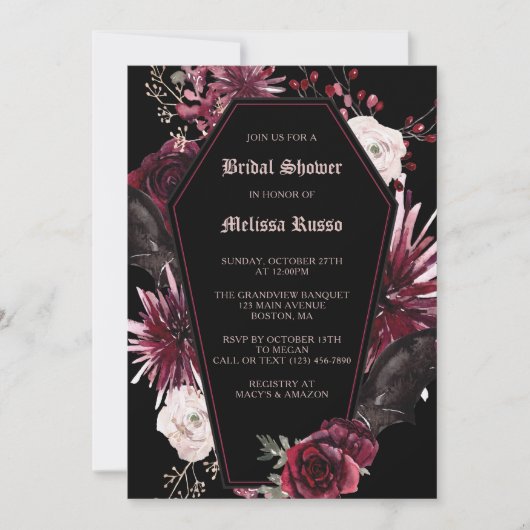 ブラックエレガントゴシックバラ棺ブライダルシャワー 招待状 (正面)