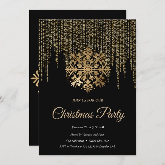 ブラックエレガントゴールデンスノーフレークフレームクリスマス 招待状 (正面/裏面)