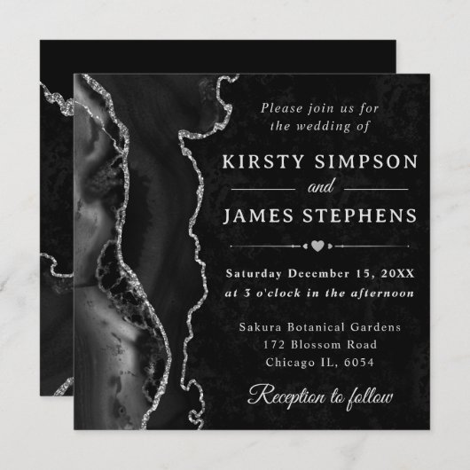 ブラックエレガントシルバーグリッターアゲ結婚ート 招待状 (正面/裏面)