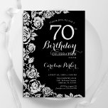 ブラックエレガントシルバーバラ70thバースデーパーティー 招待状<br><div class="desc">ブラック・シルバーフローラ70th birthday party invitation.デザインエレガントはバラ、銀フェイク箔、タイポグラフィスクリプトフォントを搭載。トレンディー招待状カードは女性の日スタイリッシュお祝いに最適。任意のカスタマイズ年齢にすることができる。印刷されたZazzle招待状または即時ダウンロードのデジタル印刷可能なテンプレート。</div>