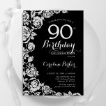 ブラックエレガントシルバーバラ90thバースデーパーティー 招待状<br><div class="desc">ブラック・シルバーフローラ90th birthday party invitation.デザインエレガントはバラ、銀フェイク箔、タイポグラフィスクリプトフォントを搭載。トレンディー招待状カードは女性の日スタイリッシュお祝いに最適。任意のカスタマイズ年齢にすることができる。印刷されたZazzle招待状または即時ダウンロードのデジタル印刷可能なテンプレート。</div>