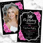 ブラックエレガントシルバーピンク写真50誕生日 招待状<br><div class="desc">フローラ50歳のエレガント誕生日の招待状とカードの後ろの写真。グラムブラックとピンクのデザインとフェイクグリッター銀。ピンクのバラ、スクリプトのフォント、紙吹雪が特徴。大人スタイリッシュのお祝いパーティーに最適。独自の詳細でパーソナライズどんなカスタマイズ年でもいい！印刷されたZazzle招待状または即時ダウンロードのデジタル印刷可能なテンプレート。</div>