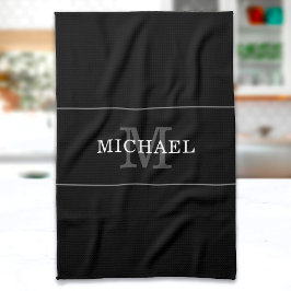 ブラックエレガントシルバーモノグラム名前をカスタムする キッチンタオル