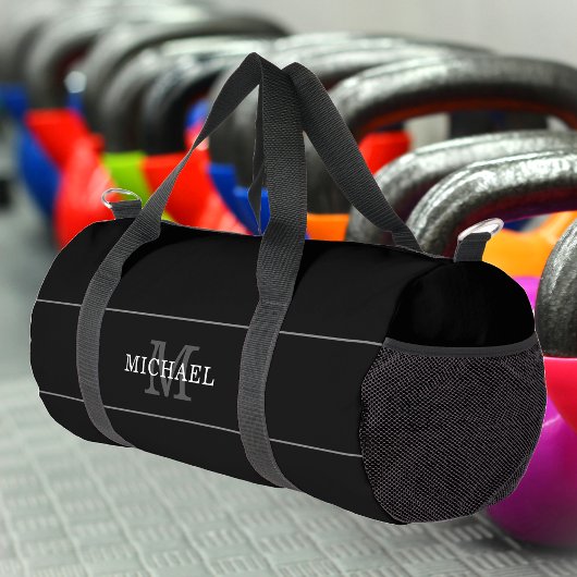 ブラックエレガントシルバーモノグラム名前をカスタムする ダッフルバッグ