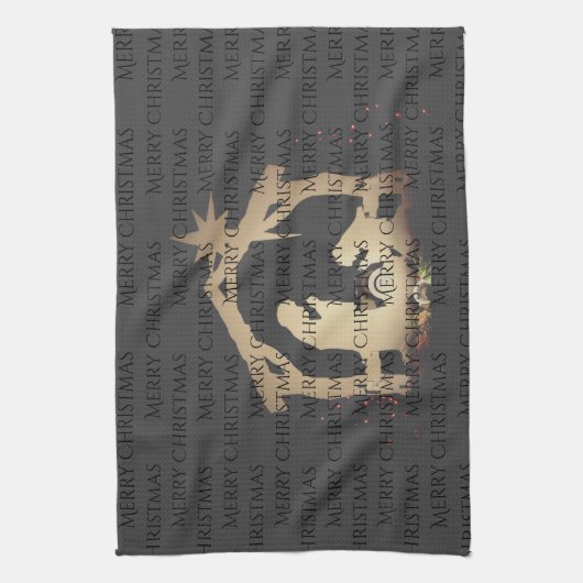 ブラックエレガントシルバー出生メリークリスマス キッチンタオル (縦)