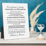 ブラックエレガントズ結婚ゲストへの感謝メッセージ フォトプラーク<br><div class="desc">カスタムお友達と家族へ感謝していはお客さま用の表の表示のサイン結婚をメッセージ。あなたのパーソナライズされた披露宴のエントリまたは好意のテーブルのための美しいtouch。白とクラシック黒文字デザインの様々なフォントスタイル違うをエレガント搭載。花婿の名前は下パーソナライズされた部に入る。</div>