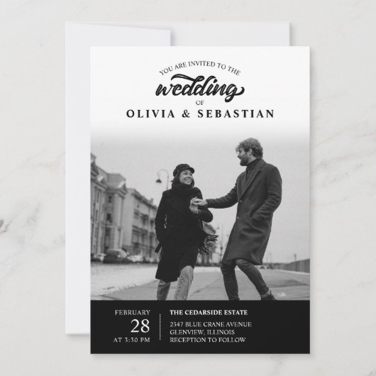 ブラックエレガントタイポグラフィフォト結婚ズ 招待状 (正面)