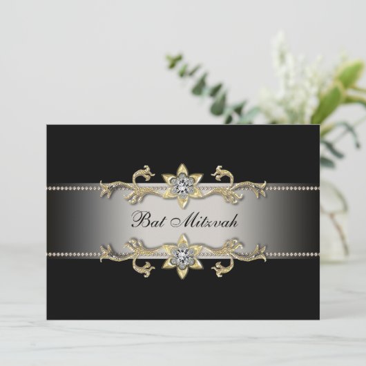 ブラックエレガントダイヤモンド金ゴールドバルミツワー招待状 招待状 (スタンド正面)