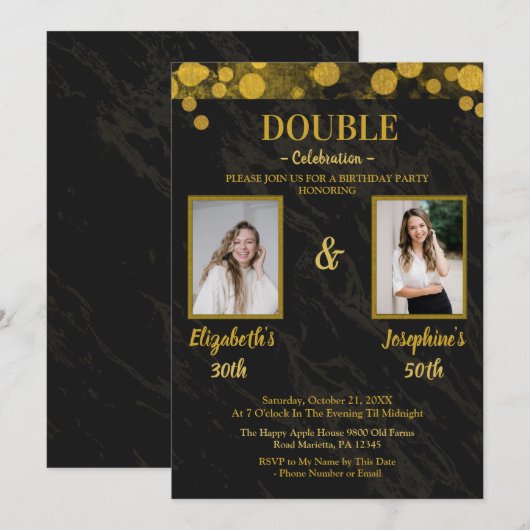 ブラックエレガントダブルジョイント誕生日2 PHOTO 招待状 (正面/裏面)