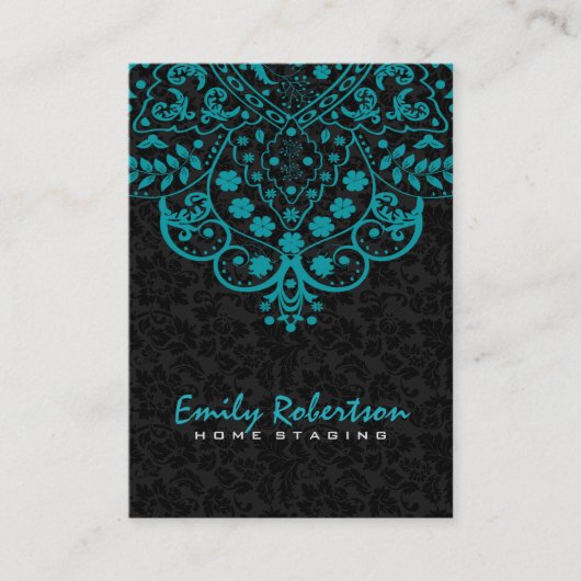 ブラックエレガントダマスクターコイズブルーヴィンテージレース 名刺 (正面)