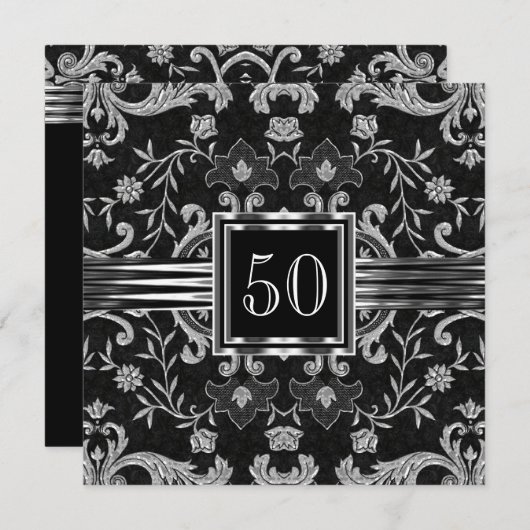 ブラックエレガントダマスクブロケシルバーバースデーパーティー 招待状 (正面/裏面)