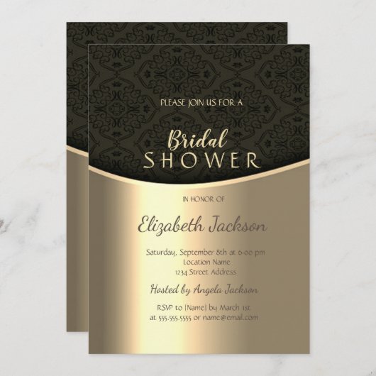 ブラックエレガントダマスク金ゴールドブライダルシャワー 招待状 (正面/裏面)