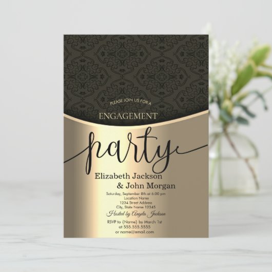 ブラックエレガントダマスク金ゴールド婚約パーティ 招待状 (スタンド正面)
