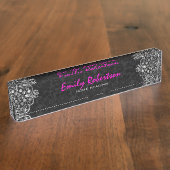 ブラックエレガントダマスク銀メタリックヴィンテージレース デスクネームプレート (側面)