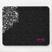 ブラックエレガントダマスク銀メタリックヴィンテージレース マウスパッド (正面)