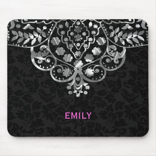 ブラックエレガントダマスク銀メタリックヴィンテージレース マウスパッド (正面)