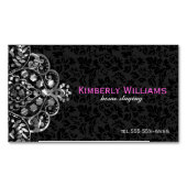 ブラックエレガントダマスク銀メタリックヴィンテージレース マグネット名刺 (正面)