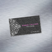 ブラックエレガントダマスク銀メタリックヴィンテージレース マグネット名刺 (インサイチュ)