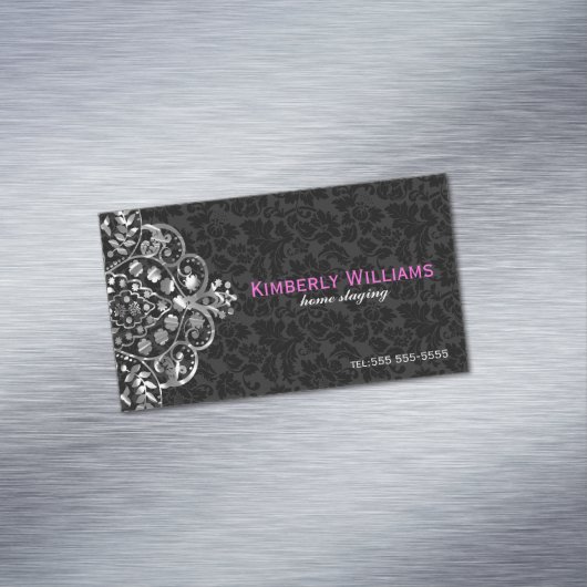 ブラックエレガントダマスク銀メタリックヴィンテージレース マグネット名刺 (インサイチュ)