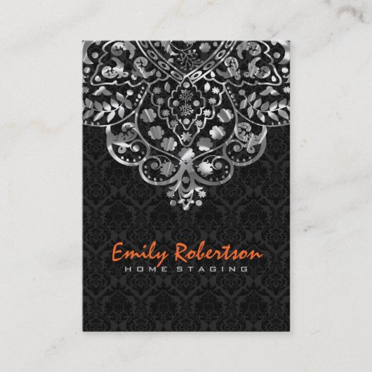 ブラックエレガントダマスク銀メタリックヴィンテージレース 名刺 (正面)
