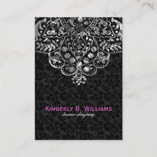 ブラックエレガントダマスク銀メタリックヴィンテージレース 名刺 (正面)