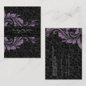 ブラックエレガントダマスク&パープルフローラオーナメント 名刺 (正面/裏面)