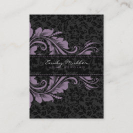 ブラックエレガントダマスク&パープルフローラオーナメント 名刺