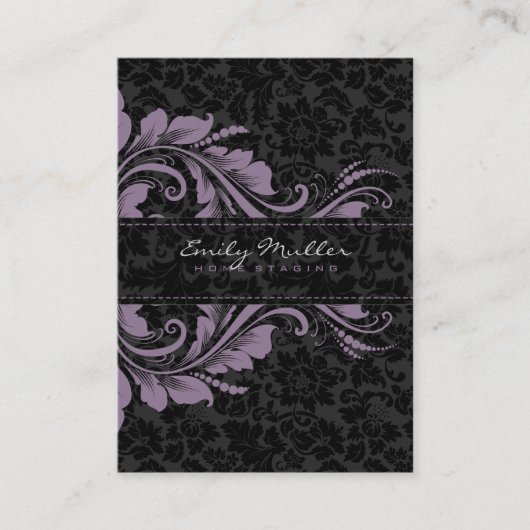 ブラックエレガントダマスク&パープルフローラオーナメント 名刺 (正面)