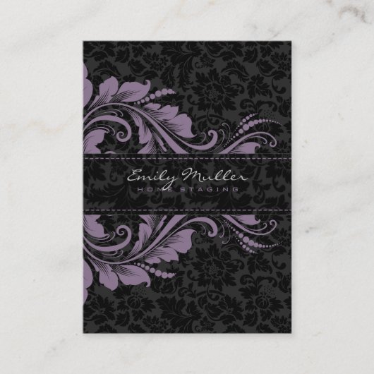 ブラックエレガントダマスク&パープルフローラオーナメント 名刺 (正面)