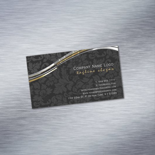 ブラックエレガントダマスシルバー&金ゴールドアクセント マグネット名刺 (インサイチュ)