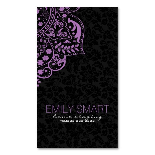ブラックエレガントダマスパープルヴィンテージ マグネット名刺 (正面縦)