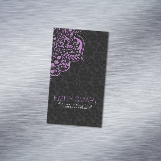ブラックエレガントダマスパープルヴィンテージ マグネット名刺 (インサイチュ)