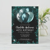 ブラックエレガントティール（緑がかった色）グリーングリッターバルーン誕生日 招待状 (スタンド正面)